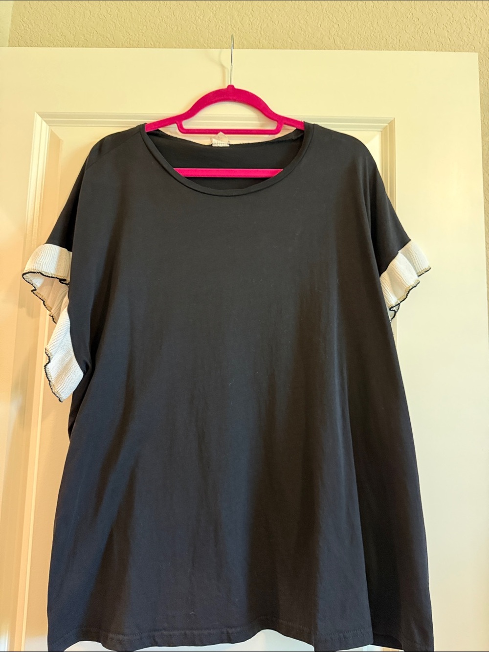 Like Love Black Short Sleeve Women's Top with White/Gold Ruffle Sleeves